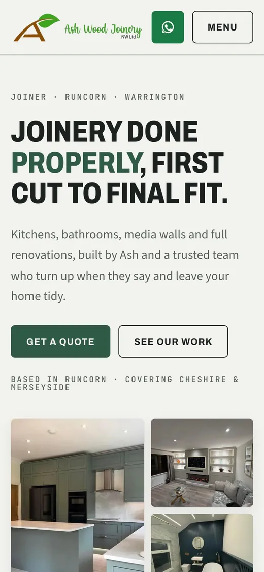 Ash Wood Joinery homepage on a phone