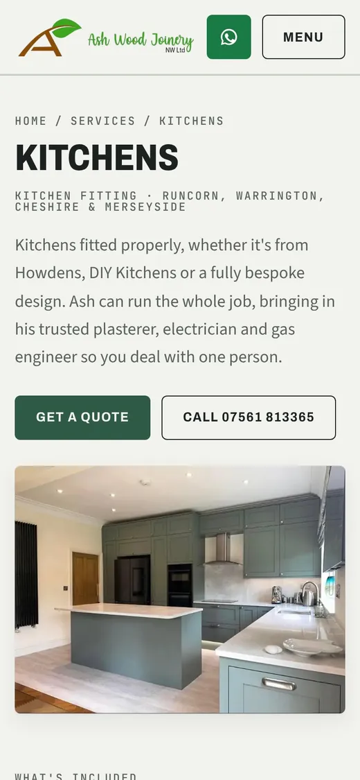 Ash Wood Joinery kitchens page on a phone