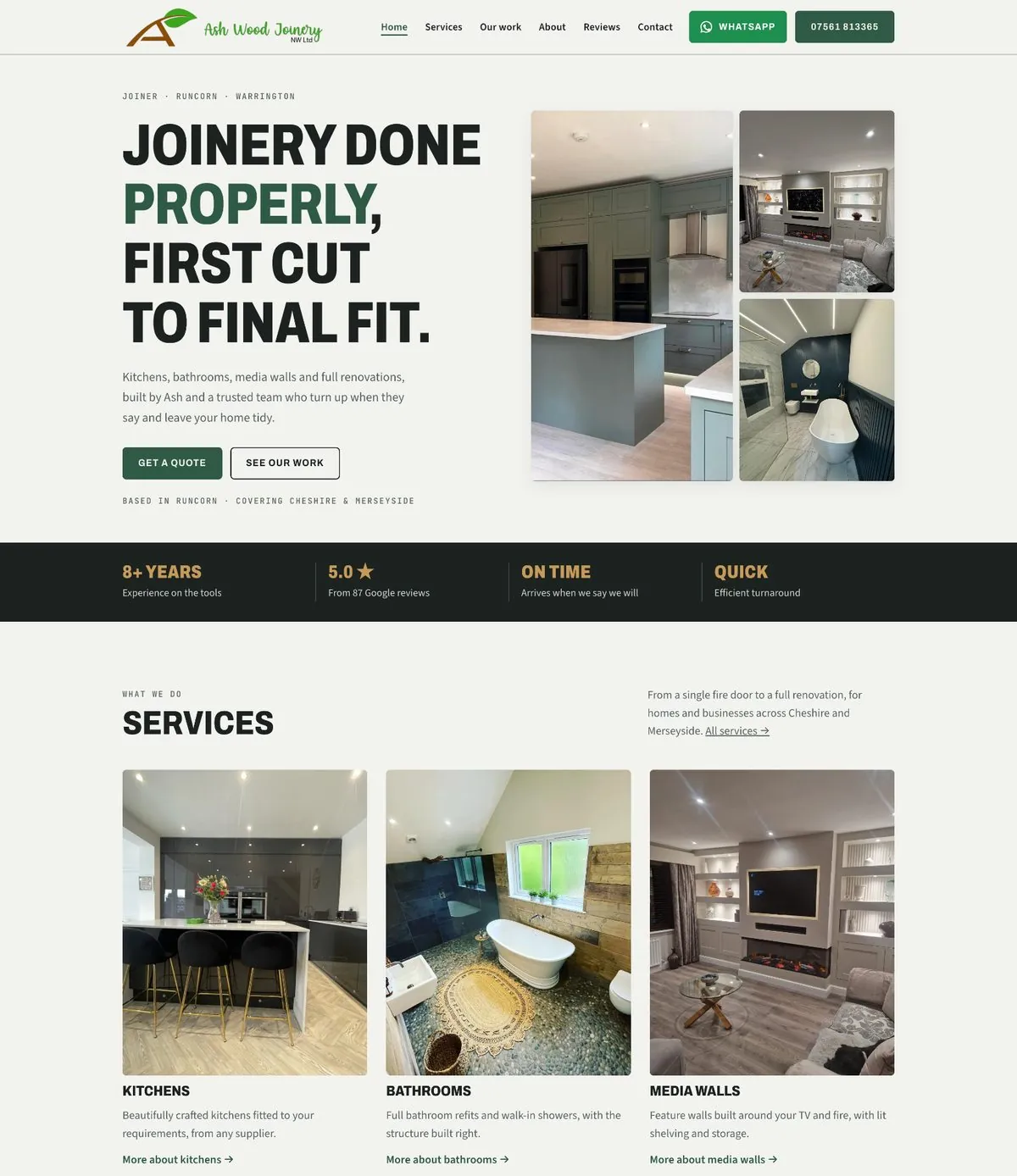 Ash Wood Joinery homepage: Joinery done properly, first cut to final fit, with photos of fitted kitchens and bathrooms
