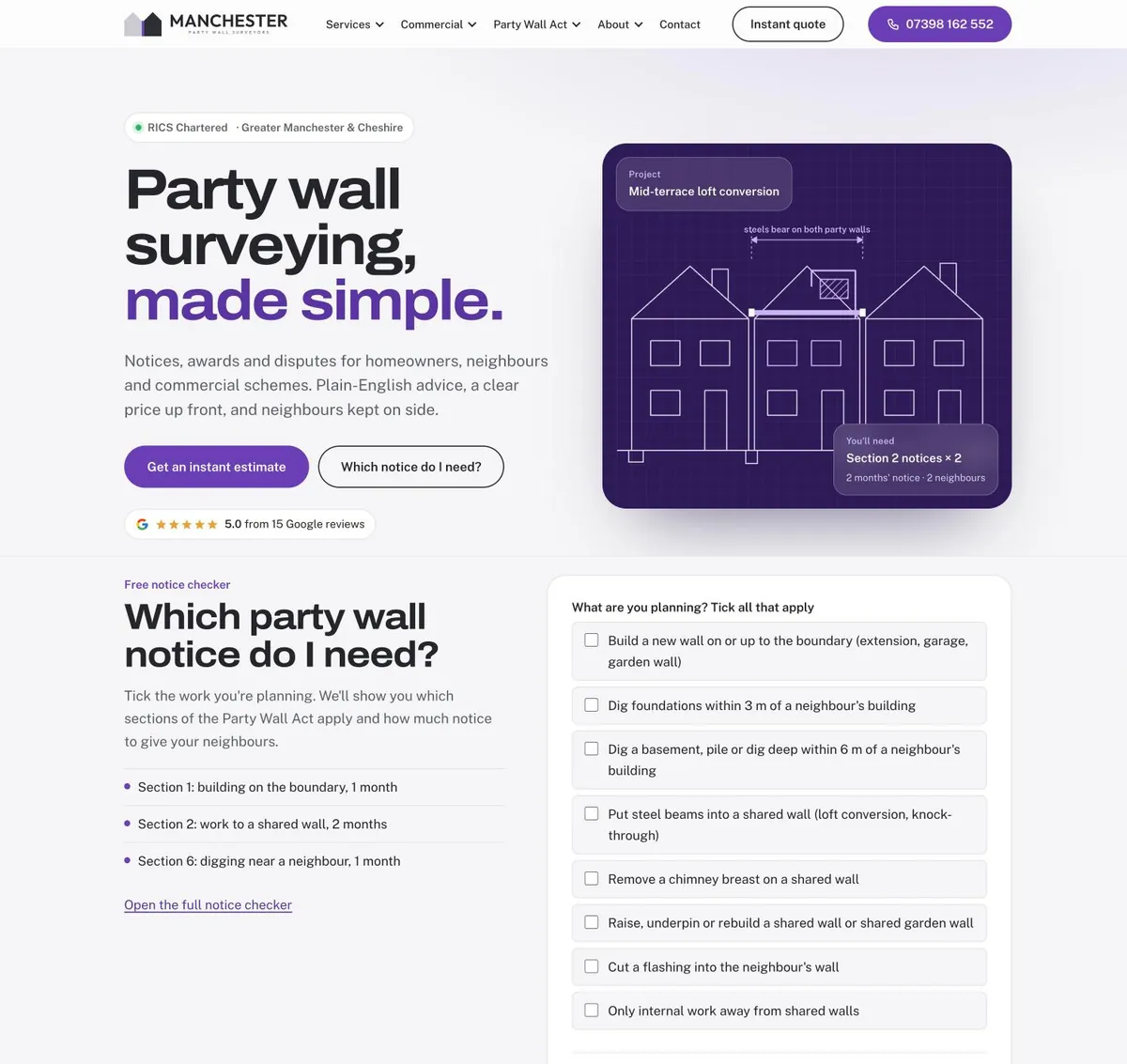 New Manchester Party Wall Surveyors homepage: Party wall surveying, made simple, with a free notice checker
