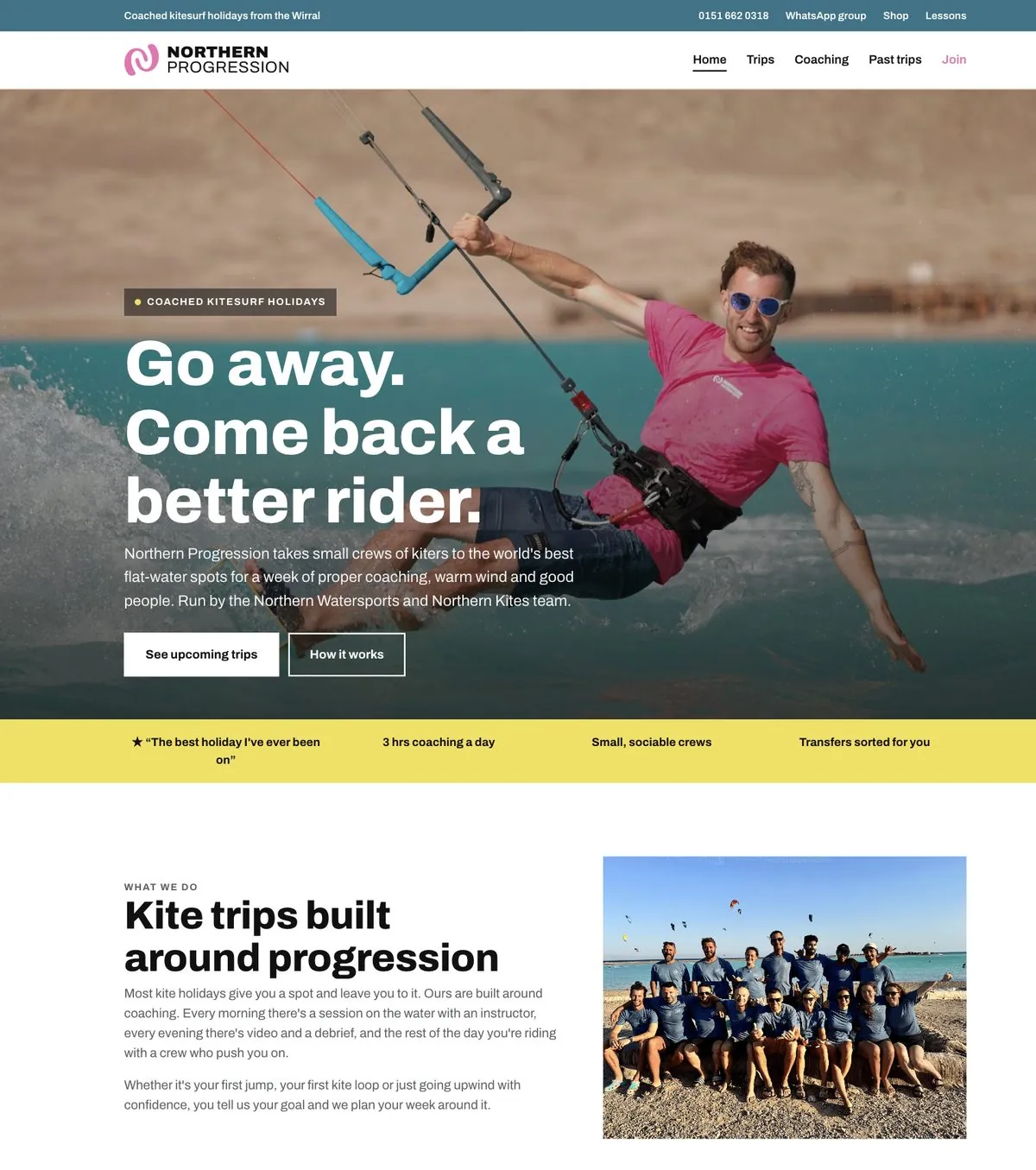 Northern Progression homepage: Go away. Come back a better rider, with a kitesurfer in a pink Northern T-shirt