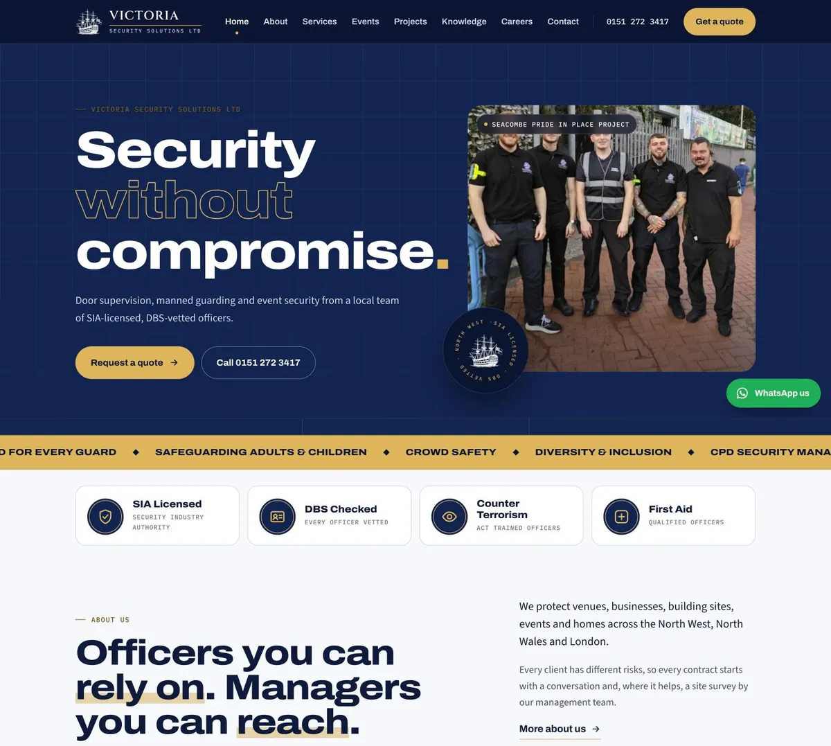 Victoria Security Solutions homepage: Security without compromise, with a team of security officers at the Seacombe Pride in Place project