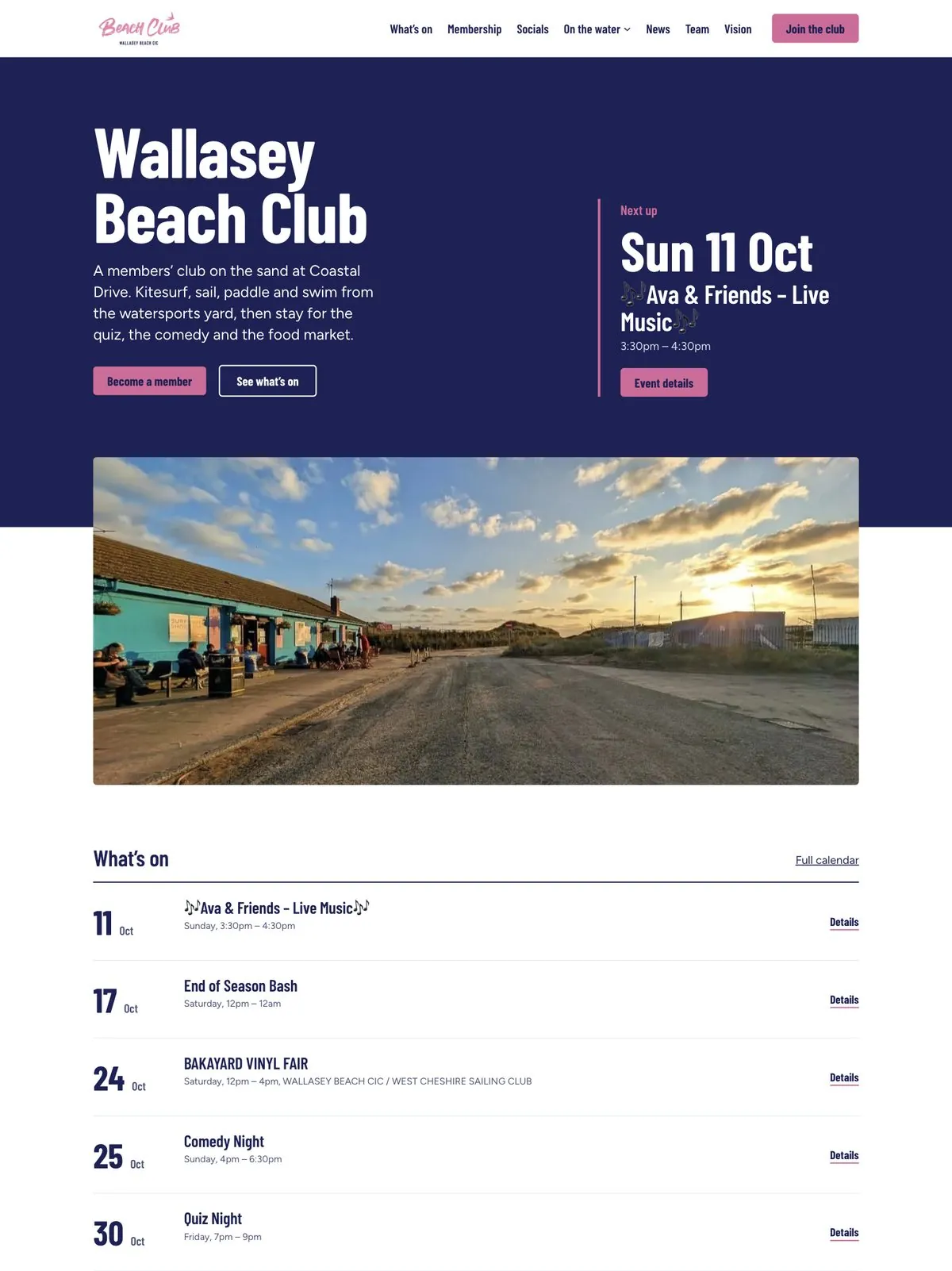 Wallasey Beach Club homepage with the next event shown