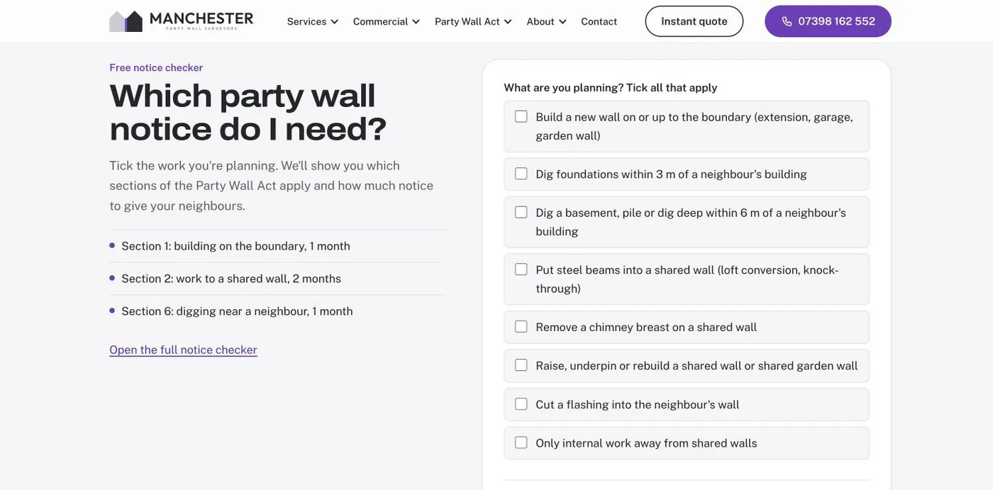Free party wall notice checker with tick boxes for planned work