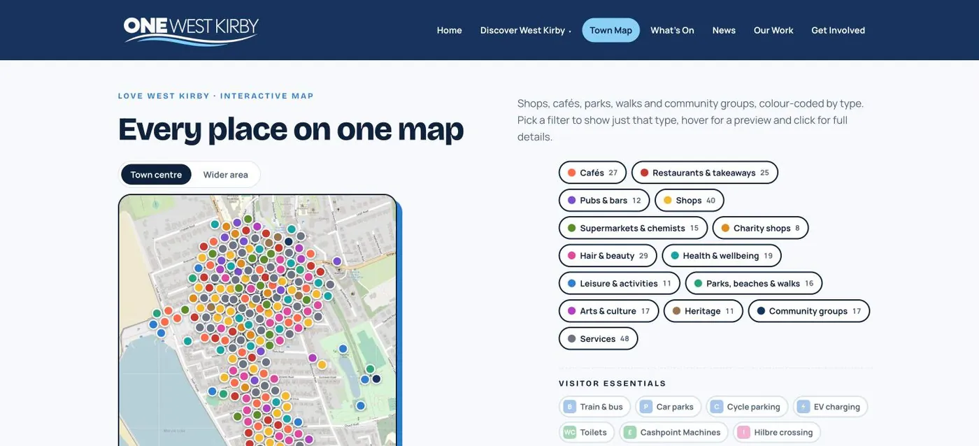 One West Kirby interactive town map with colour-coded places and category filters