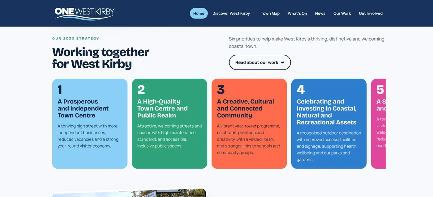 One West Kirby 2030 Strategy section with six colour-coded priorities